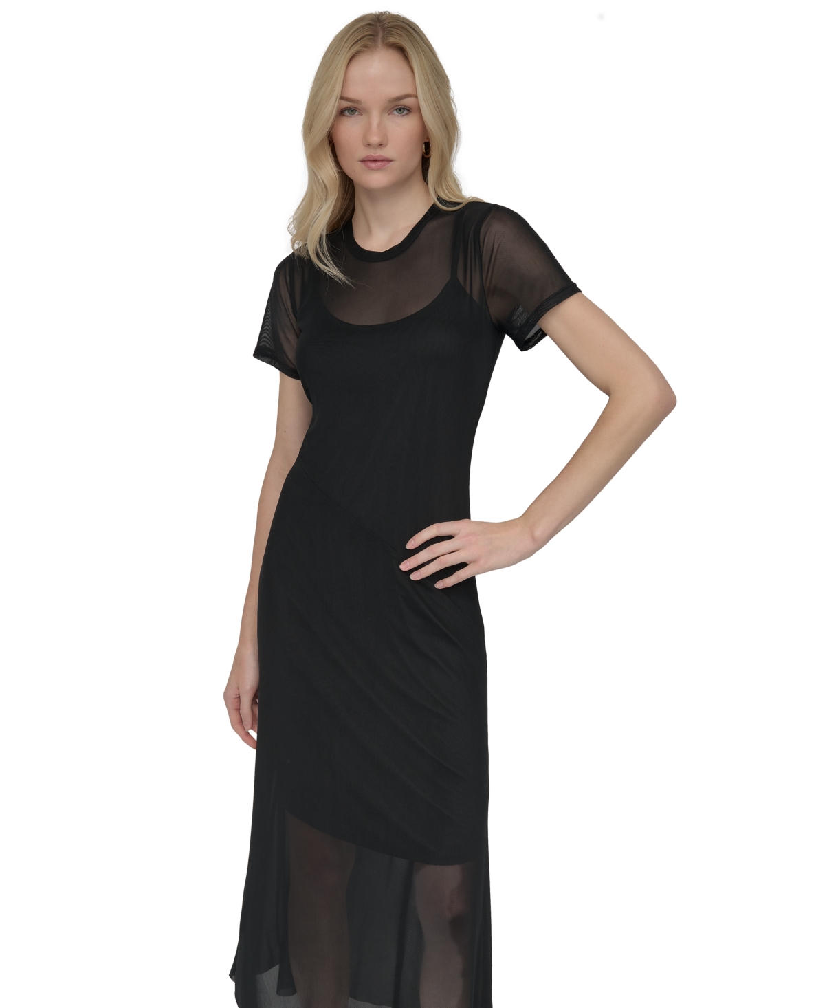 DKNY WOMEN'S MESH JEWEL-NECK SHORT-SLEEVE MIDI DRESS 