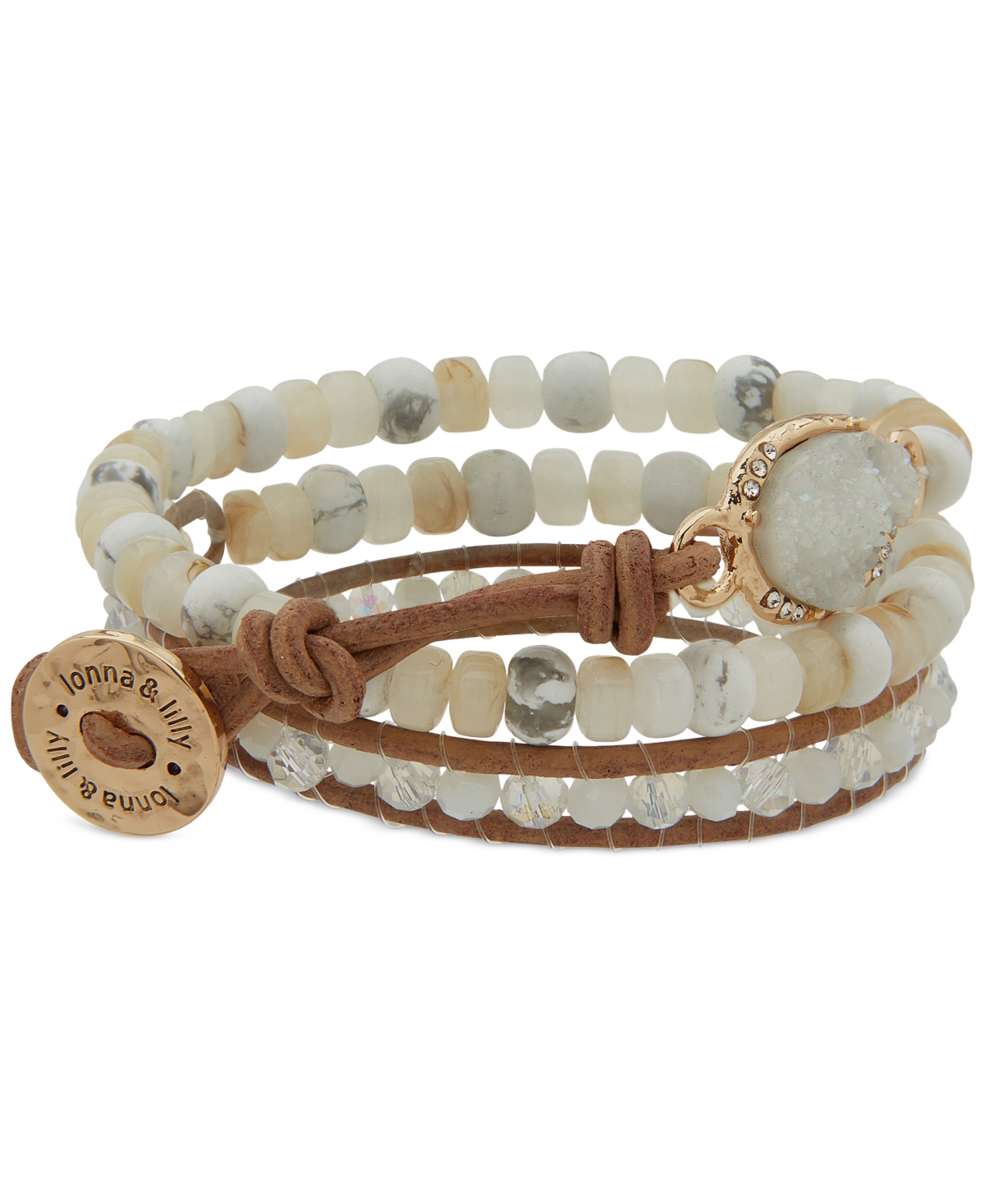 Gold-Tone Pave & Drusy Stone Beaded Leather Wrap Bracelet - Silver