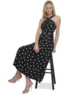 DKNY Women's Polka-Dot Crisscross Halter Midi Dress