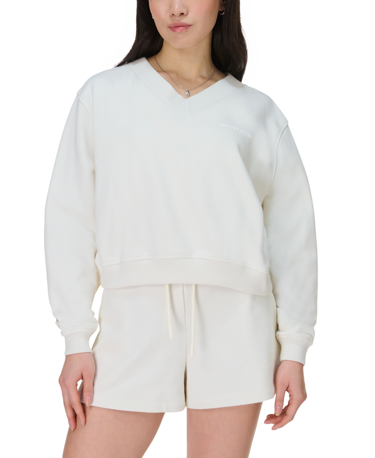 Sweaty Betty Revive Crop V Neck Sweatshirt In Lily White