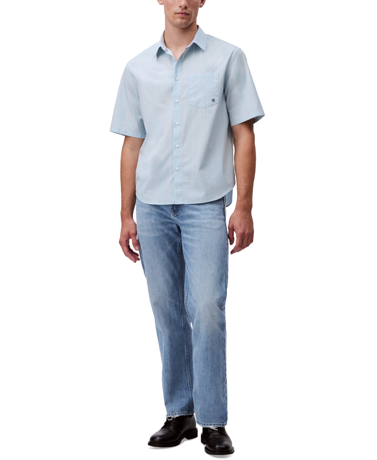 Shop Calvin Klein Men's Relaxed Fit Short Sleeve Poplin Striped Button-front Shirt In Sterling Blue