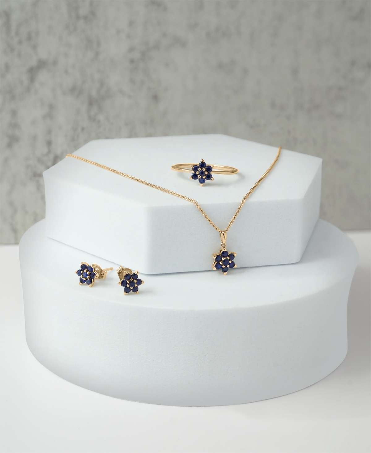 Macy's Blue Sapphire (5/8 Ct. T.w.) & White Sapphire (1/6 Ct. T.w.) Flower Pendant Necklace & Stud Earrings In Blue Sapphire