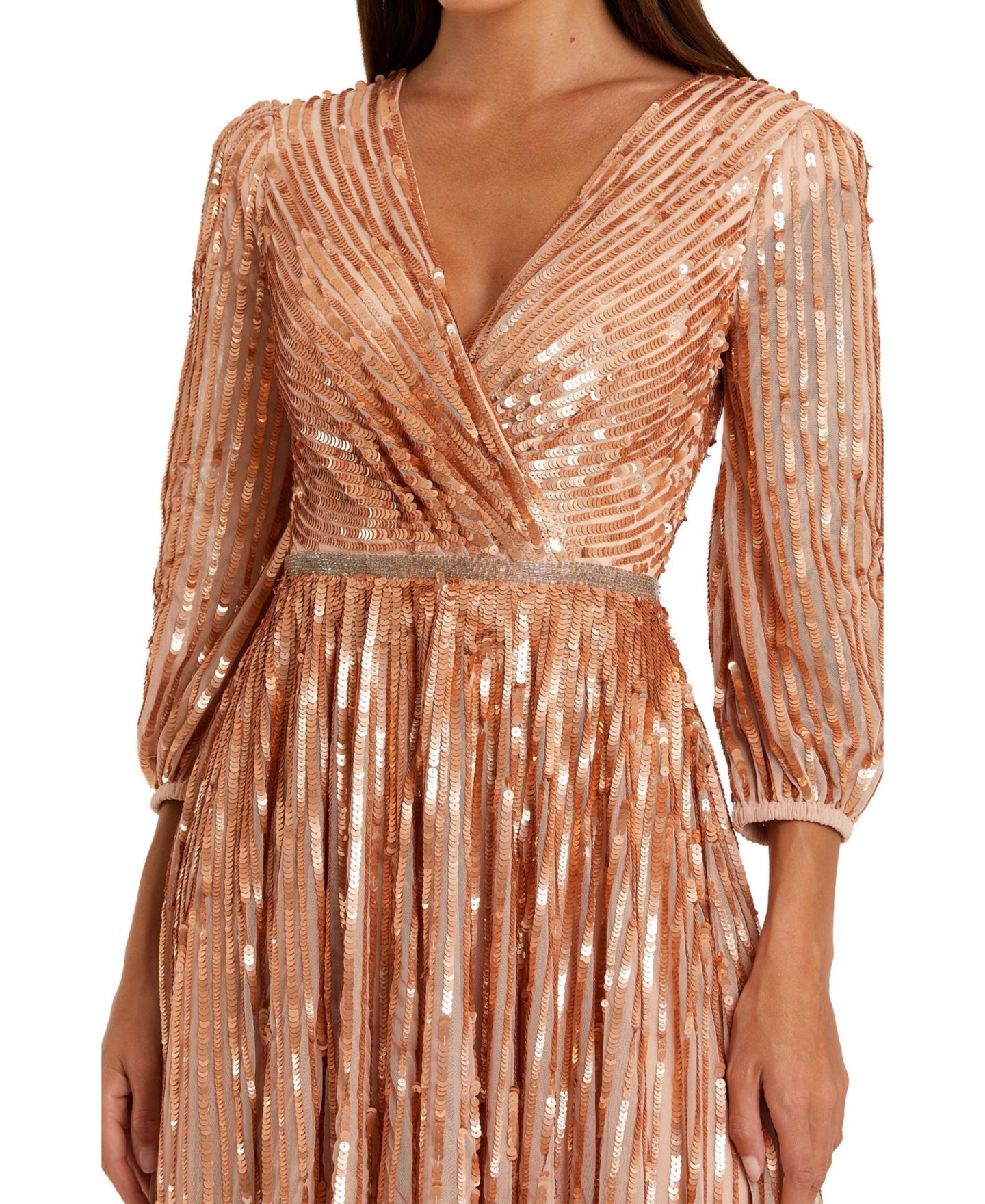 Женское платье Mac Duggal Sequined Wrap Over 3/4 Sleeve Gown, цвет: Абрикосовый — фото 6