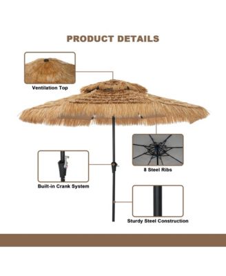 10 ft. Outdoor Double Layer Hawaiian Style Market Umbrella in Brown with Base and 32-Light Beads
