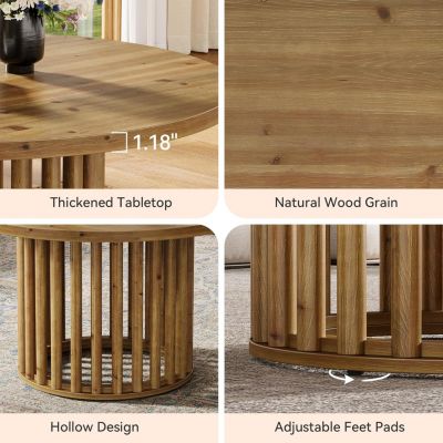 Solid Wood Round Coffee Table, 31.5-Inch Farmhouse Wooden Circle Center Cocktail Tea Table