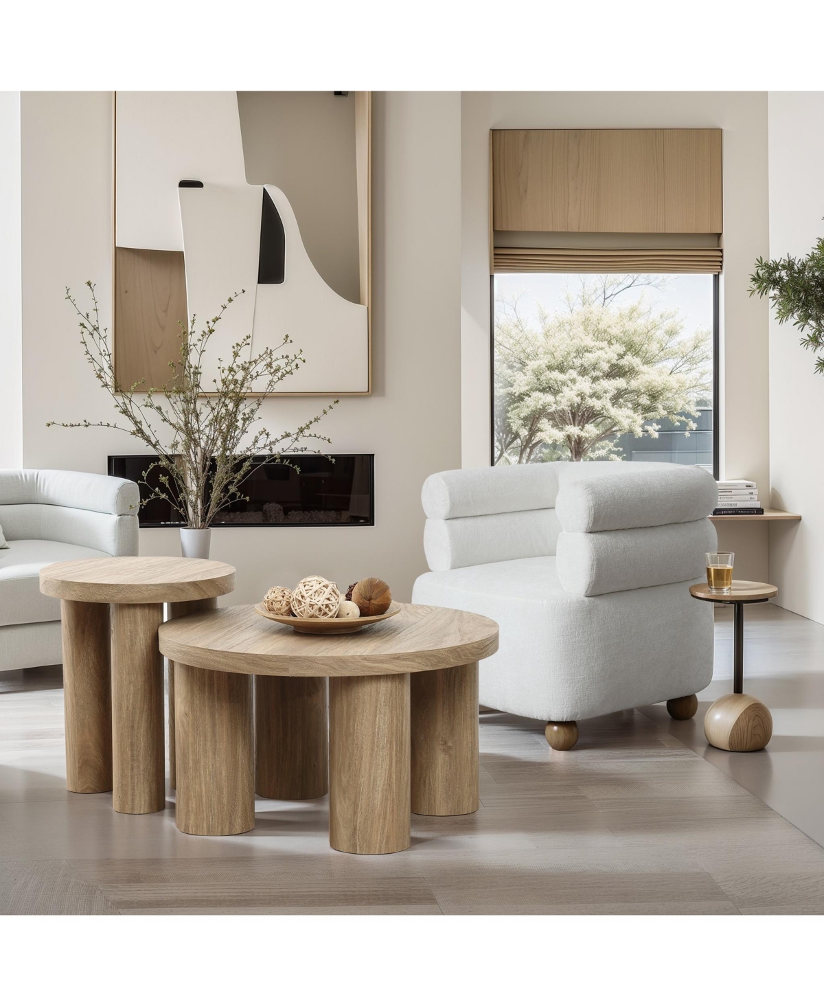 Luxenhome Oak Finish Manufactured Wood Round Side Table With 3 Pillar Legs In Oak Wood