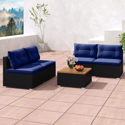 5 Piece Outdoor Furniture Set w/ Seat & Back Cushions Acacia Wood Tabletop