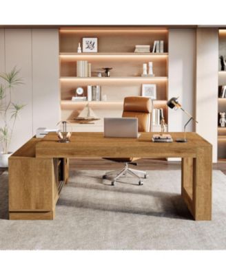 63-Inch L Shaped Executive Desk with Storage Cabinets and 2-Tier Shelf, Simple Modern Business Furniture Large Computer Writing Table Workstation for Home Office, Brown