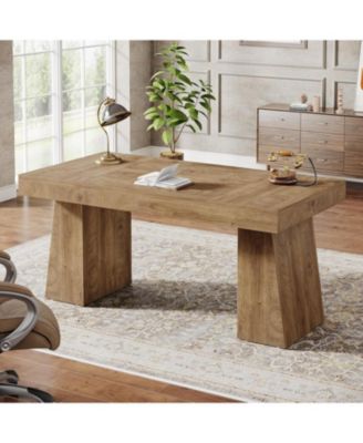 55 Inches Executive Desk, Mid-Century Modern Home Office Desk with Double Trapezoid Base, Wood Computer Desk Business Workstation Desk