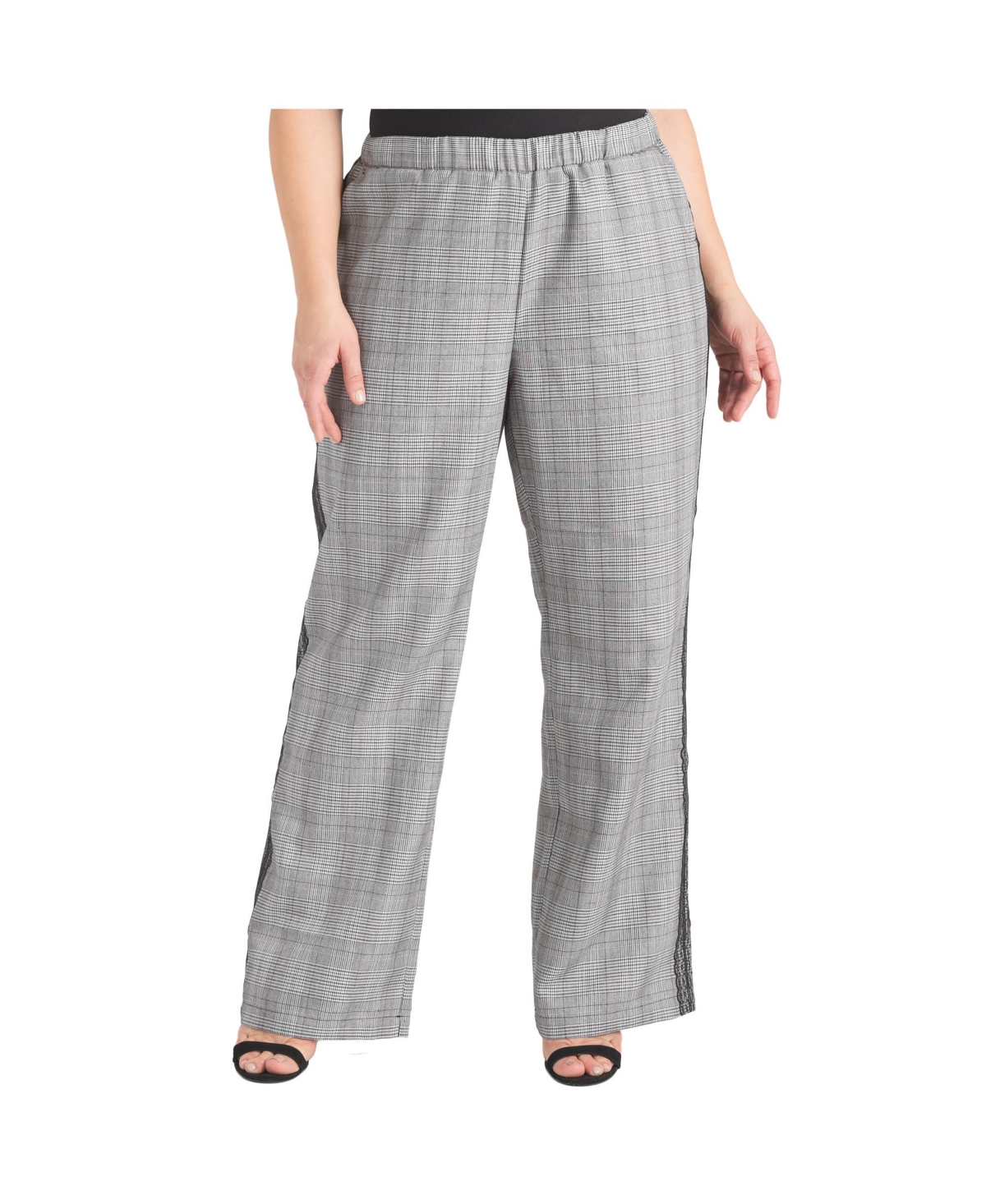 Plus Size Women's Tuxedo Plaid Wide Leg Suit Pants - Black white plaid