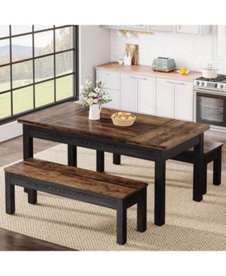 55-Inch 3-Piece Dining Table Set with 2 Benches, Rectangular Wood Table for Kitchen or Dining Room, Seats 4–6