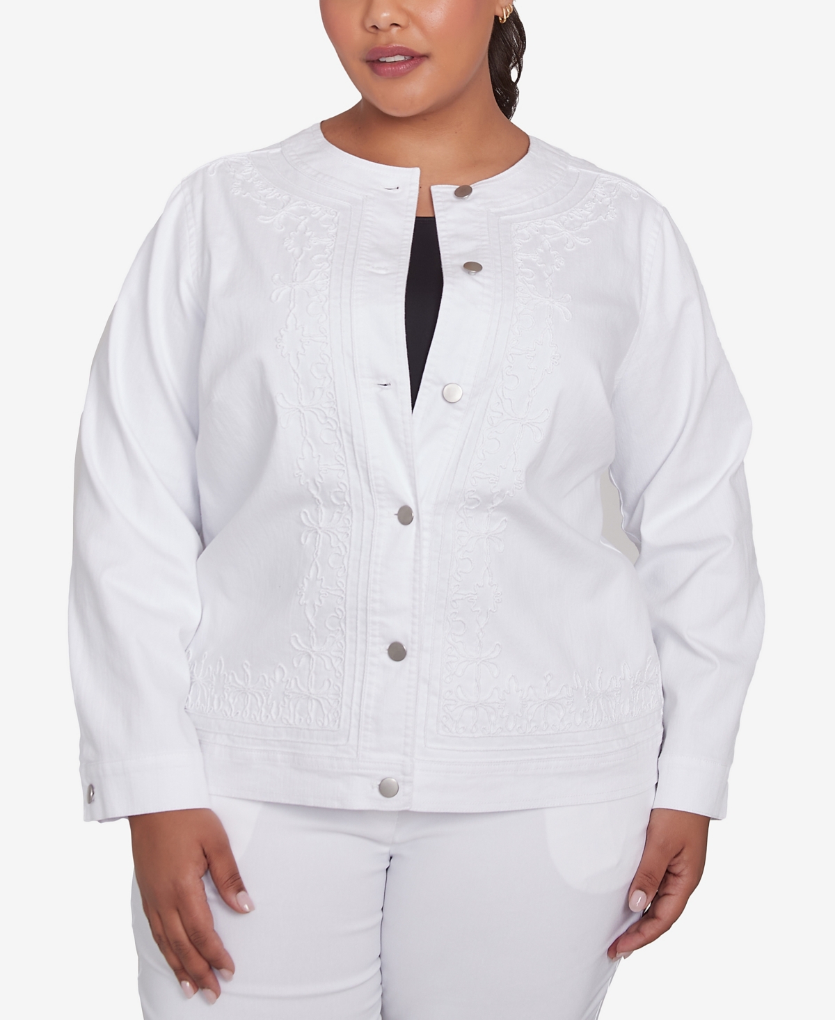 Plus Size White Stretch Denim Embroidered Jacket - White