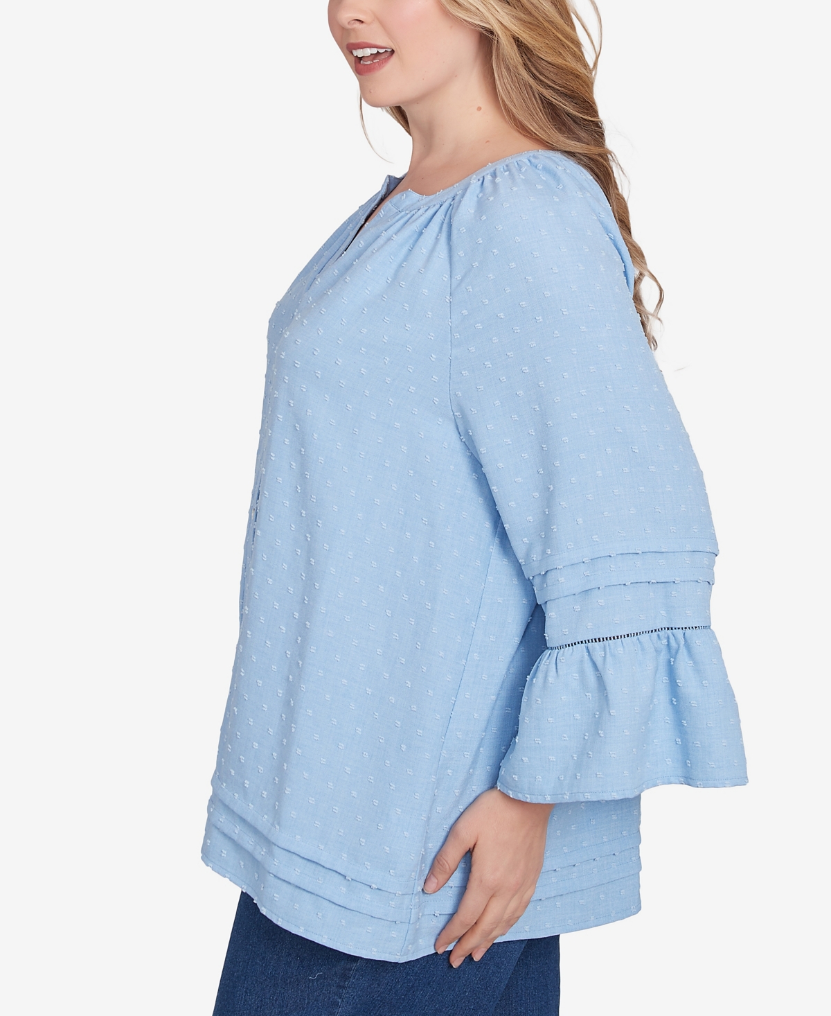 Ruby Rd. Plus Size Clip Dot Button Front Flared Sleeve Top In Light Chambray
