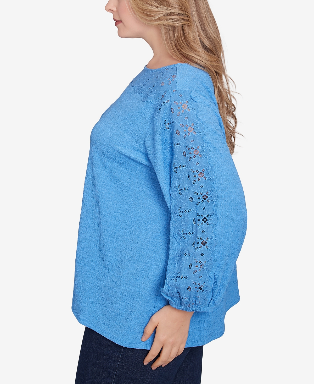Ruby Rd. Plus Size Solid Textured Eyelet 3/4 Sleeve Top In Blue