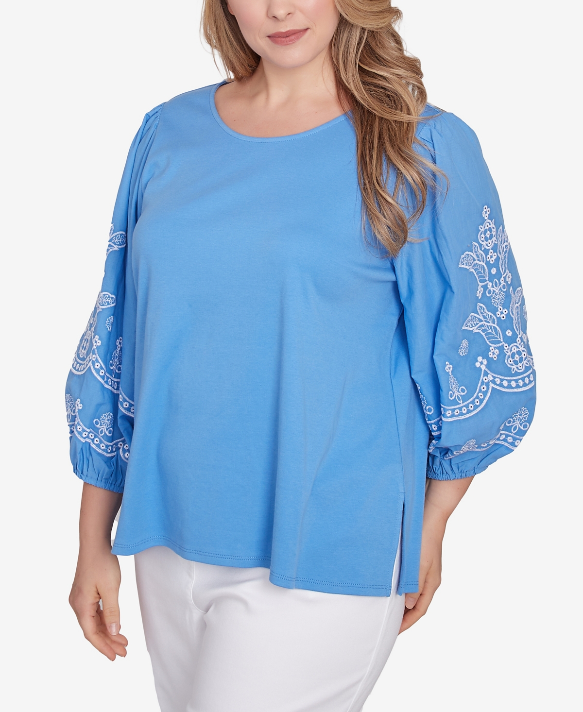 Ruby Rd. Petite Bella Blue Embroidered Three Quarter Sleeve Top In Blue Bird