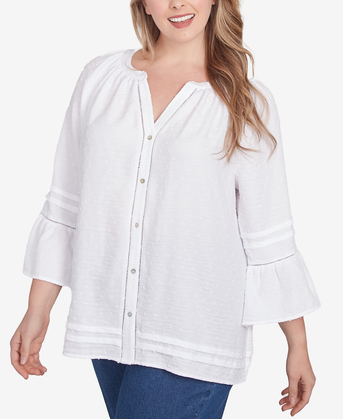 Ruby Rd. Plus Size Clip Dot Button Front Flared Sleeve Top In White