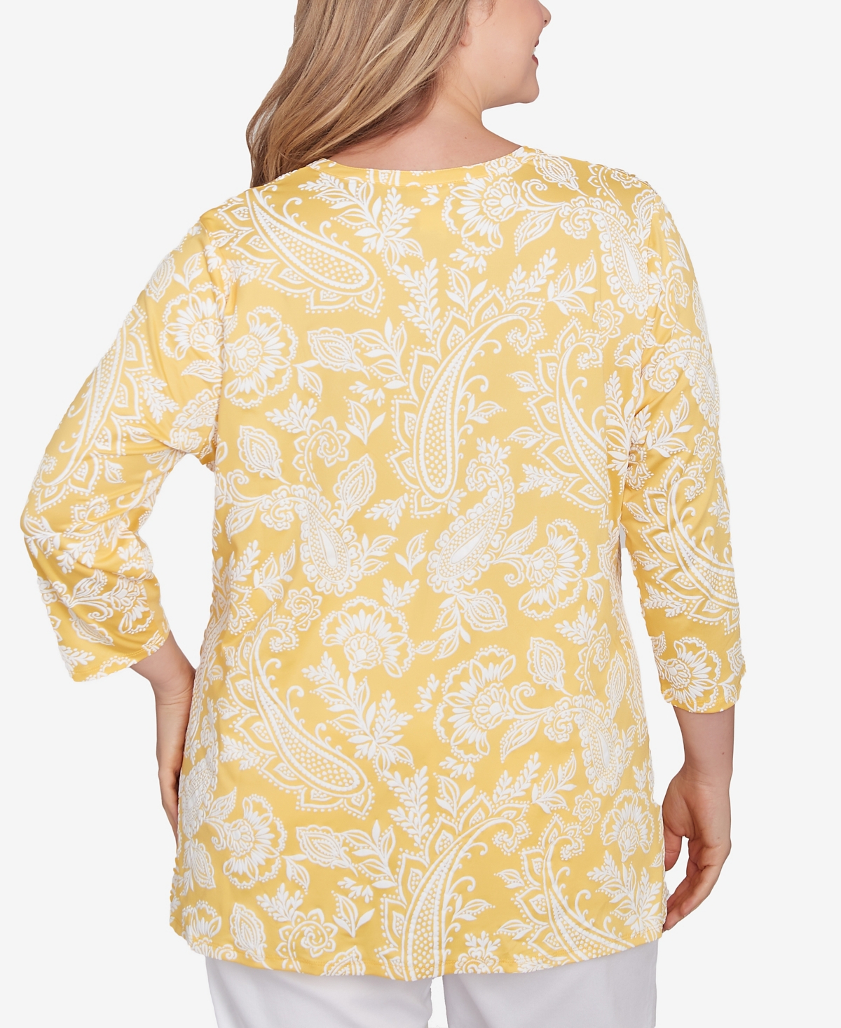Ruby Rd. Plus Size Jacobean Paisley Puff Print V-neck Top In Lemon Multi