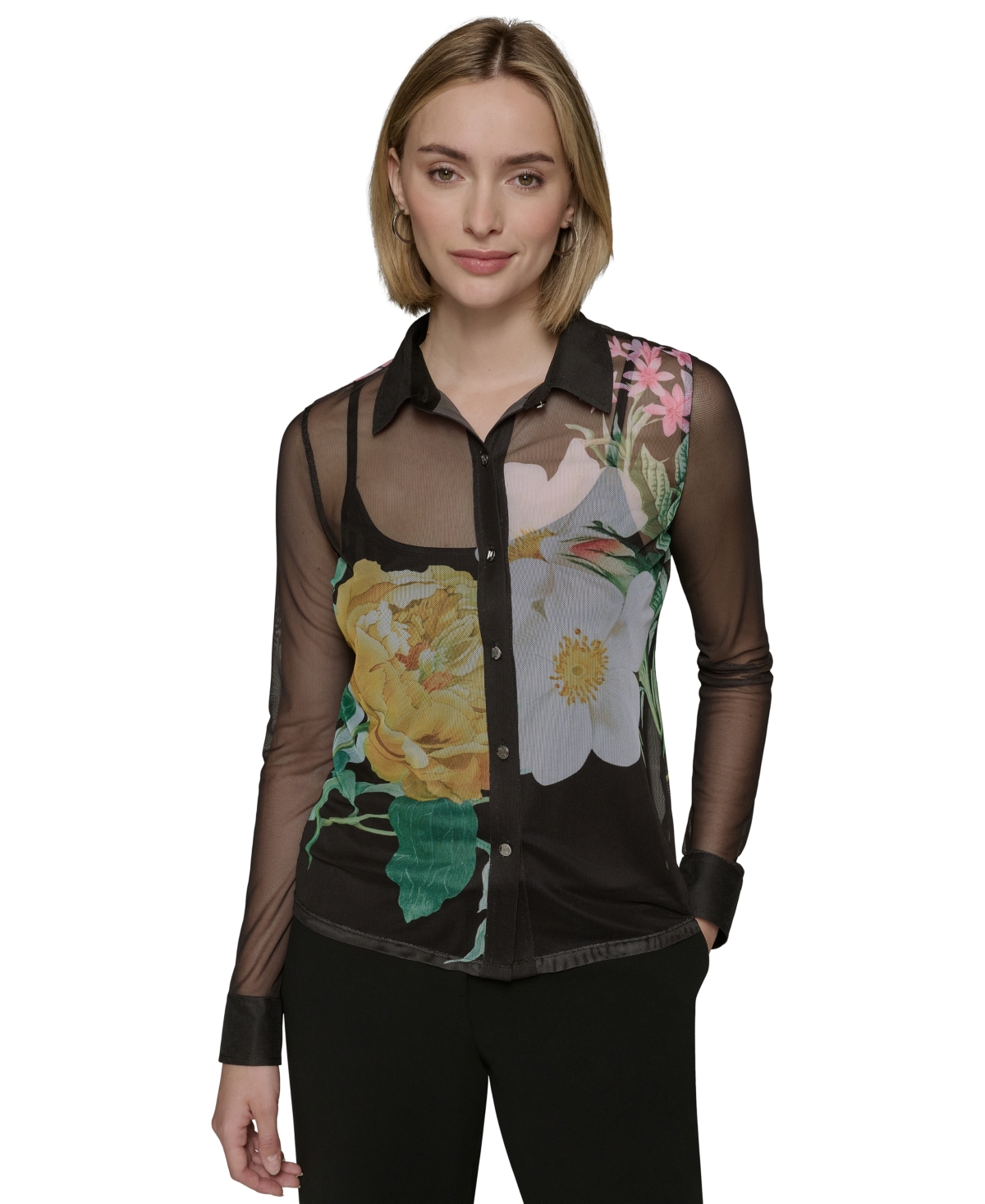 Shop Karl Lagerfeld Petite Sheer Floral Button-up Shirt In Black