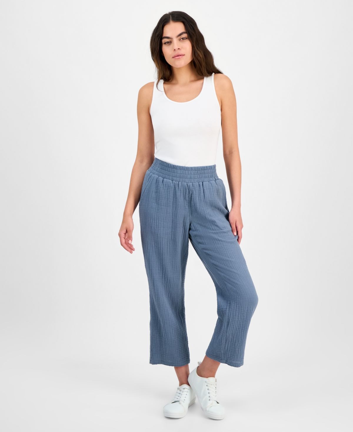 Petite Cotton High-Rise Smocked-Waist Pants - Blue Fog