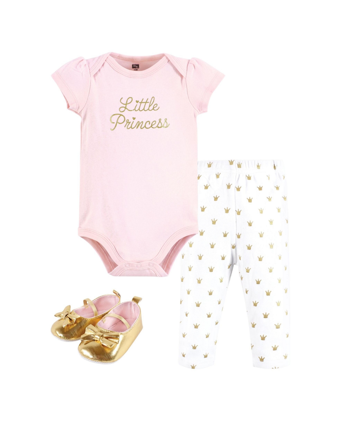 Hudson Baby Infant Girl Cotton Bodysuit, Pant and Shoe Set, Gold Little Princess, 9-12 Months - Gold little princess