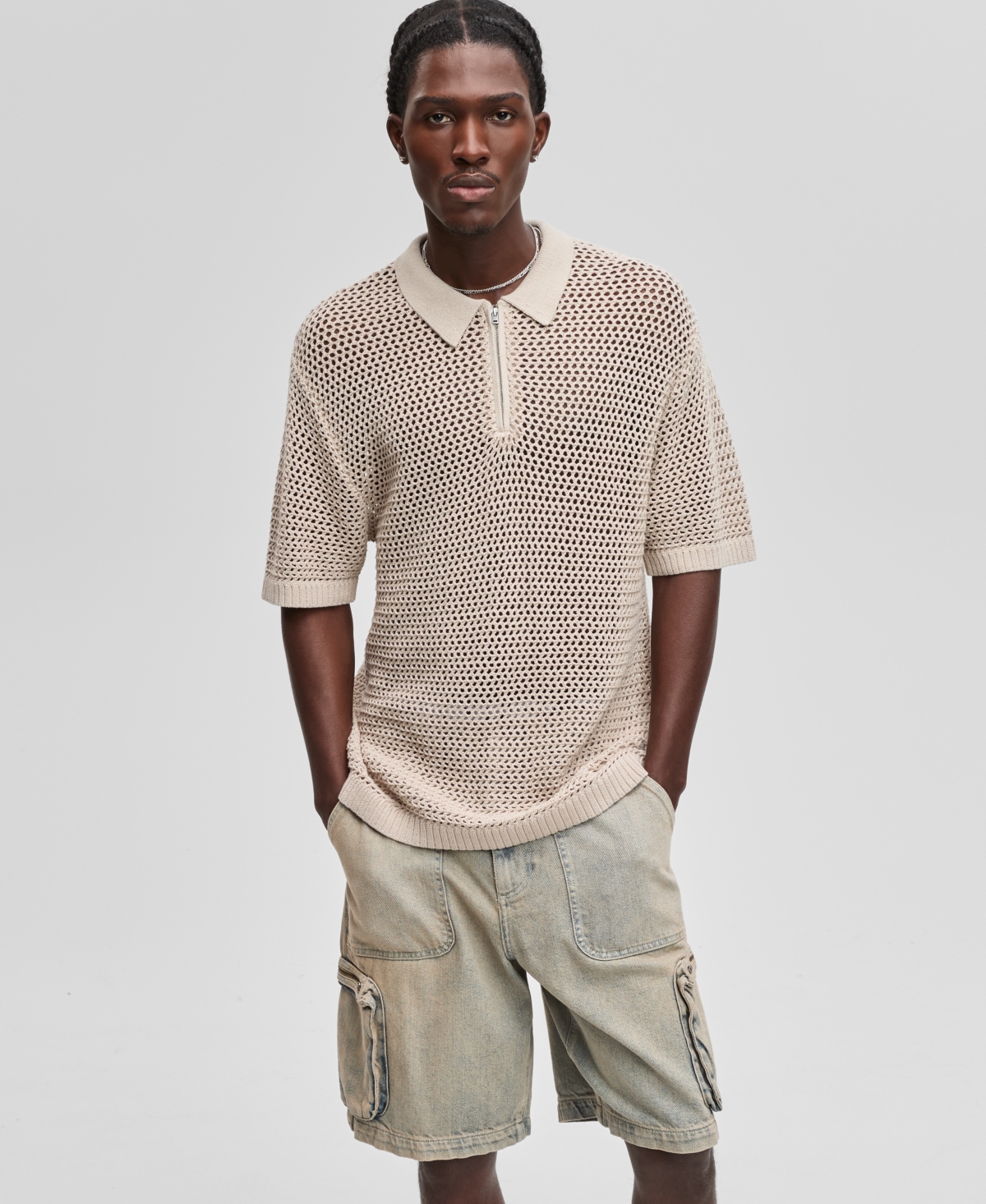 Men's Polo-Collar Open-Stitch Short-Sleeve Sweater, Exclusively at Macy's - Dark Ecru