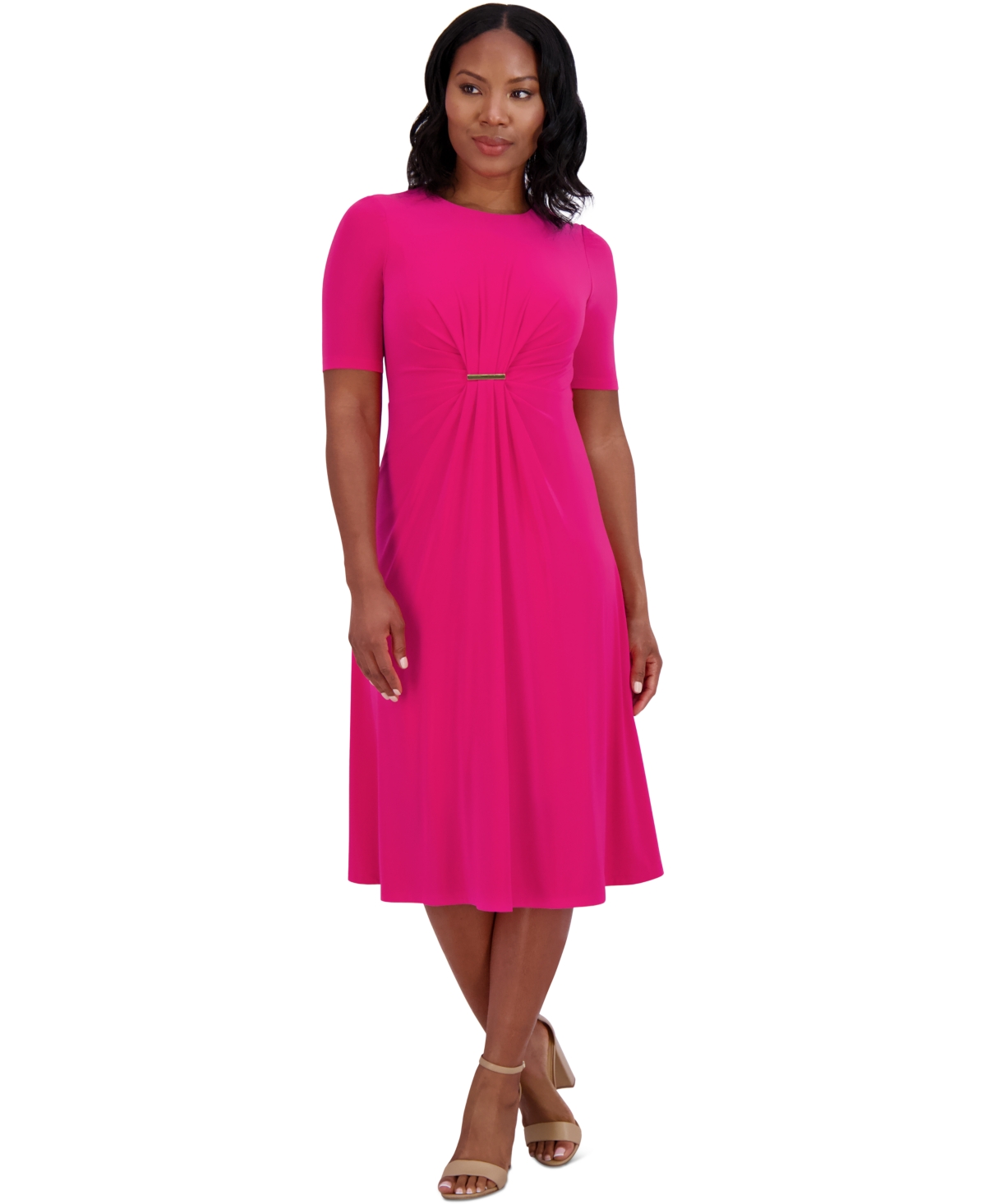 Petite Jewel-Neck Center-Pleat Midi Dress - Hot Pink