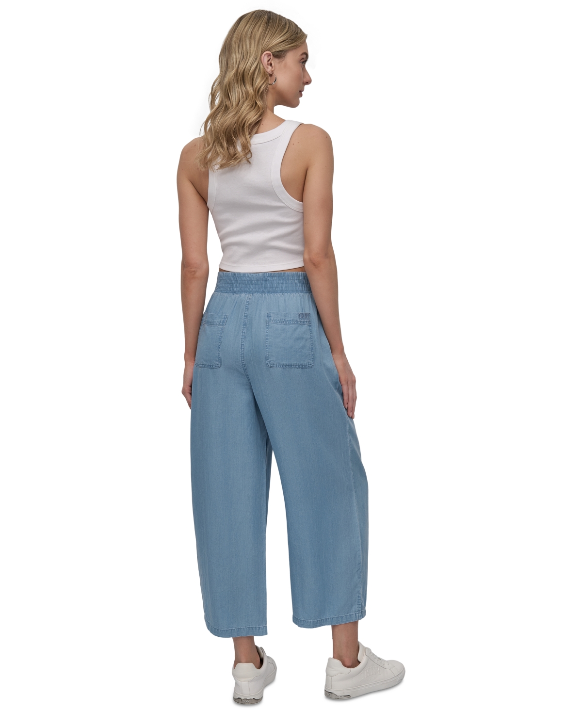 Shop Dkny Jeans Petite Embroidered Wide-leg Ankle Pants In Chambray