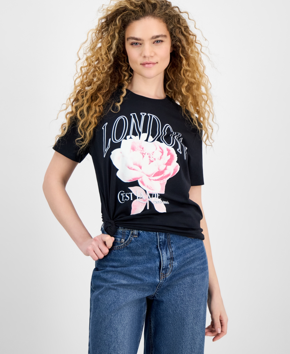 Juniors' London Rose Graphic T-Shirt - Black