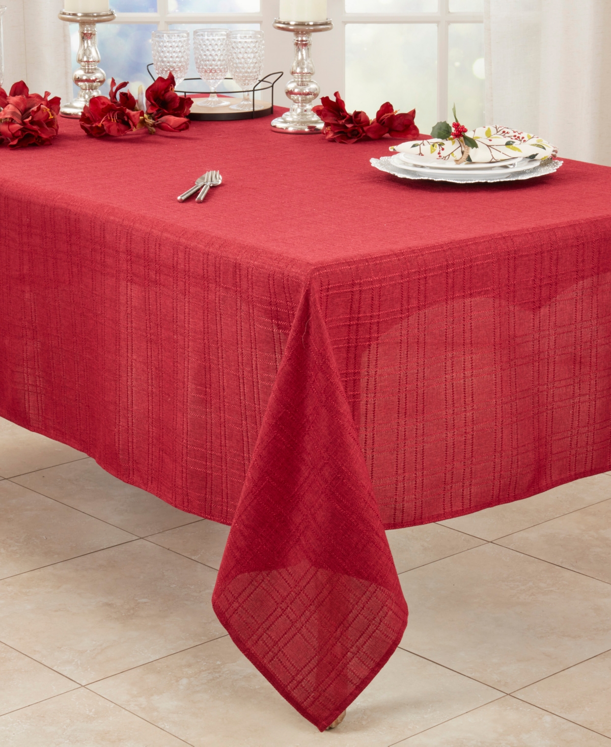 Shop Saro Lifestyle Refined Stitched Plaid Tablecloth, 65" X 160" In Burgundy
