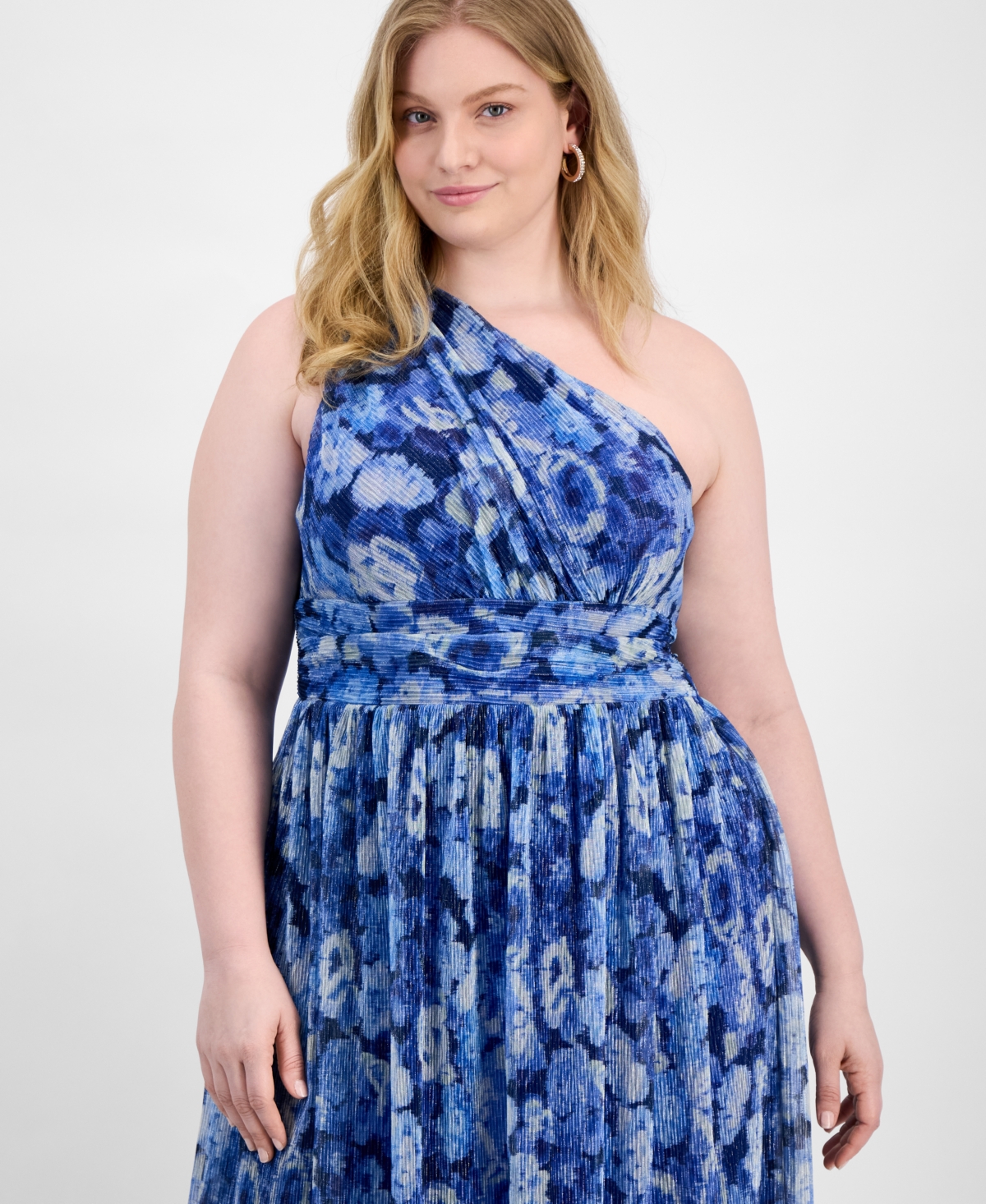 B Darlin Trendy Plus Size Printed One-shoulder Gown