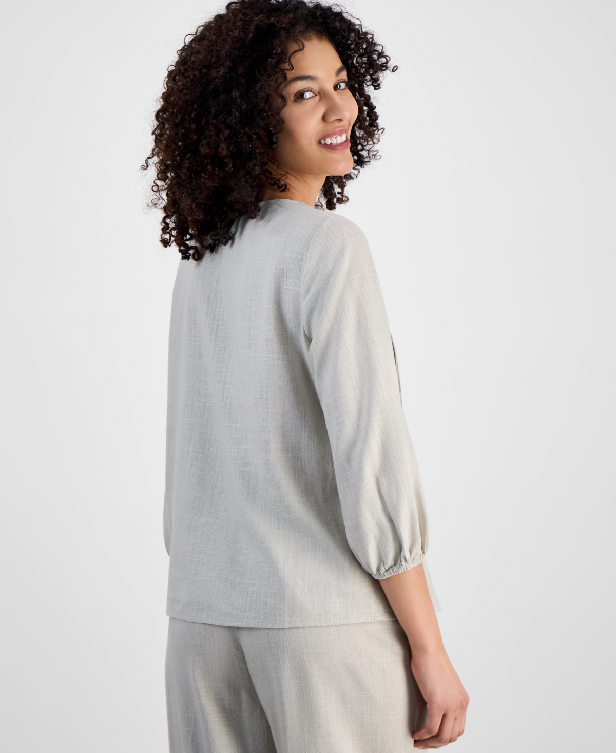 JM COLLECTION PETITE TIE-NECK EMBELLISHED PINTUCK-TRIM TOP, EXCLUSIVELY AT MACY'S 