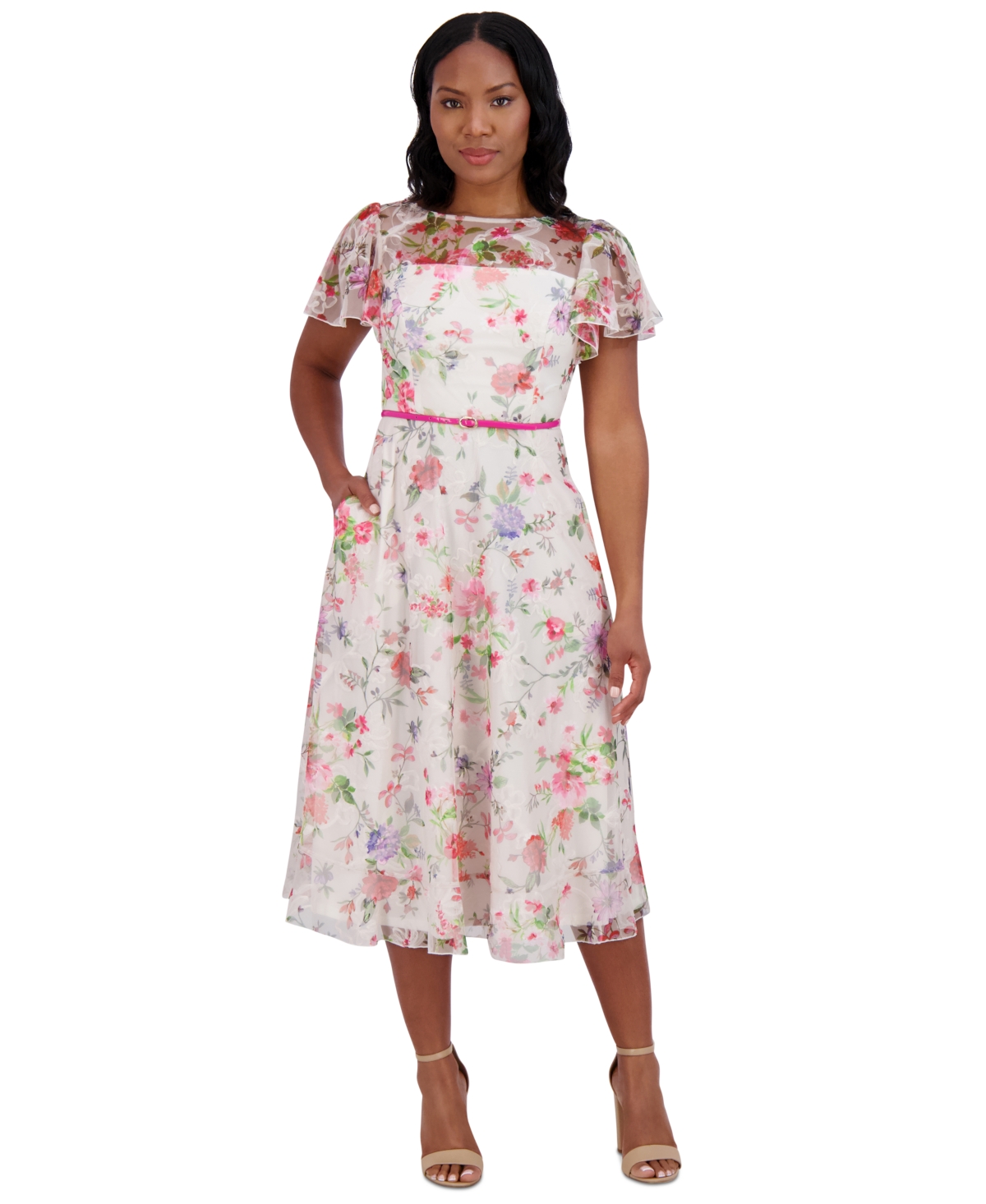 Petite Floral Flutter-Sleeve Belted Midi Dress - Ivory Multi