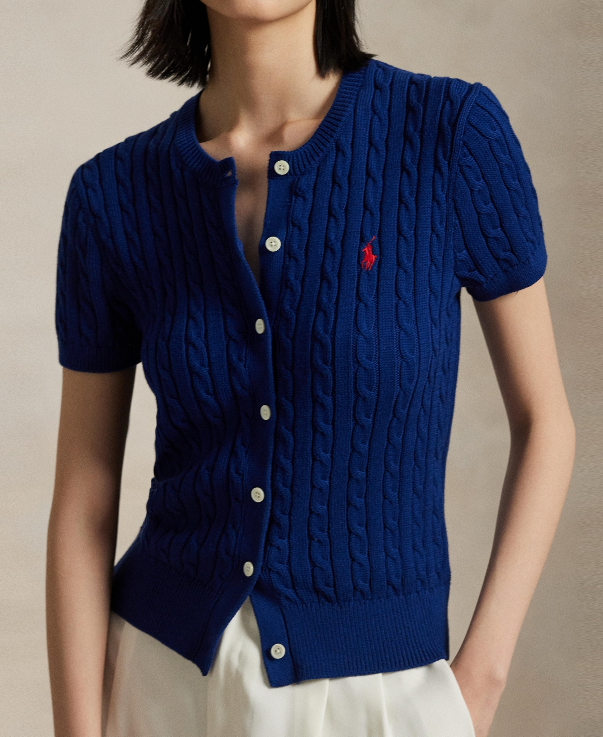 Polo Ralph Lauren Cable-knit Cotton Short-sleeve Cardigan In Harrison Blue