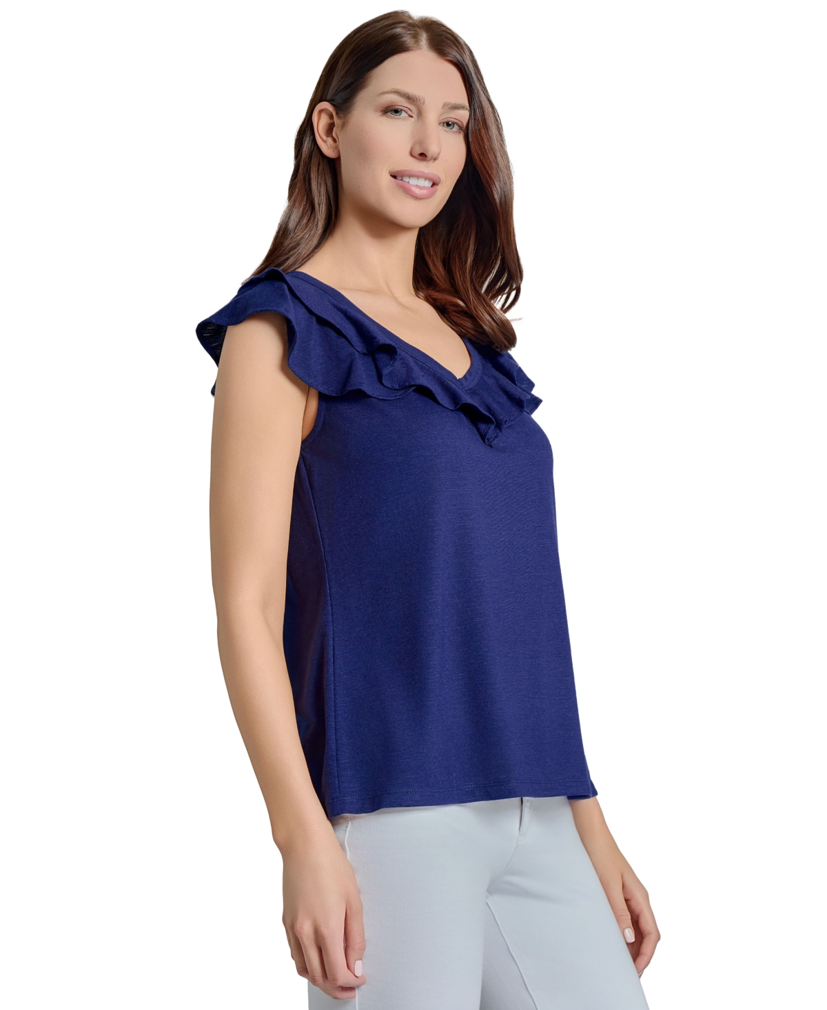 Jones New York Ruffle Neck Sleeveless Knit Top In Pacific Navy