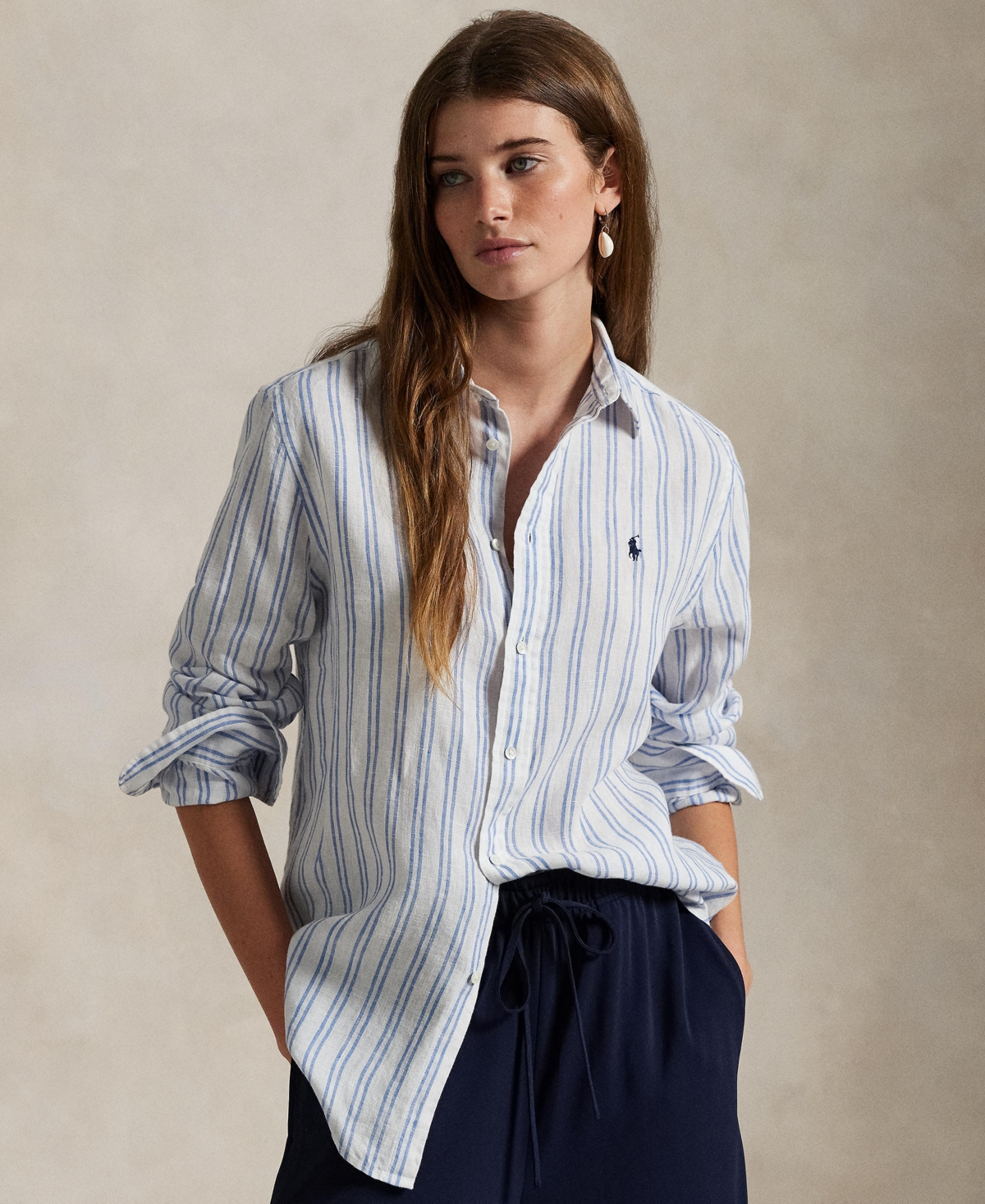 Polo Ralph Lauren Women's Classic-fit Striped 100% Linen Shirt In White,pond Blue