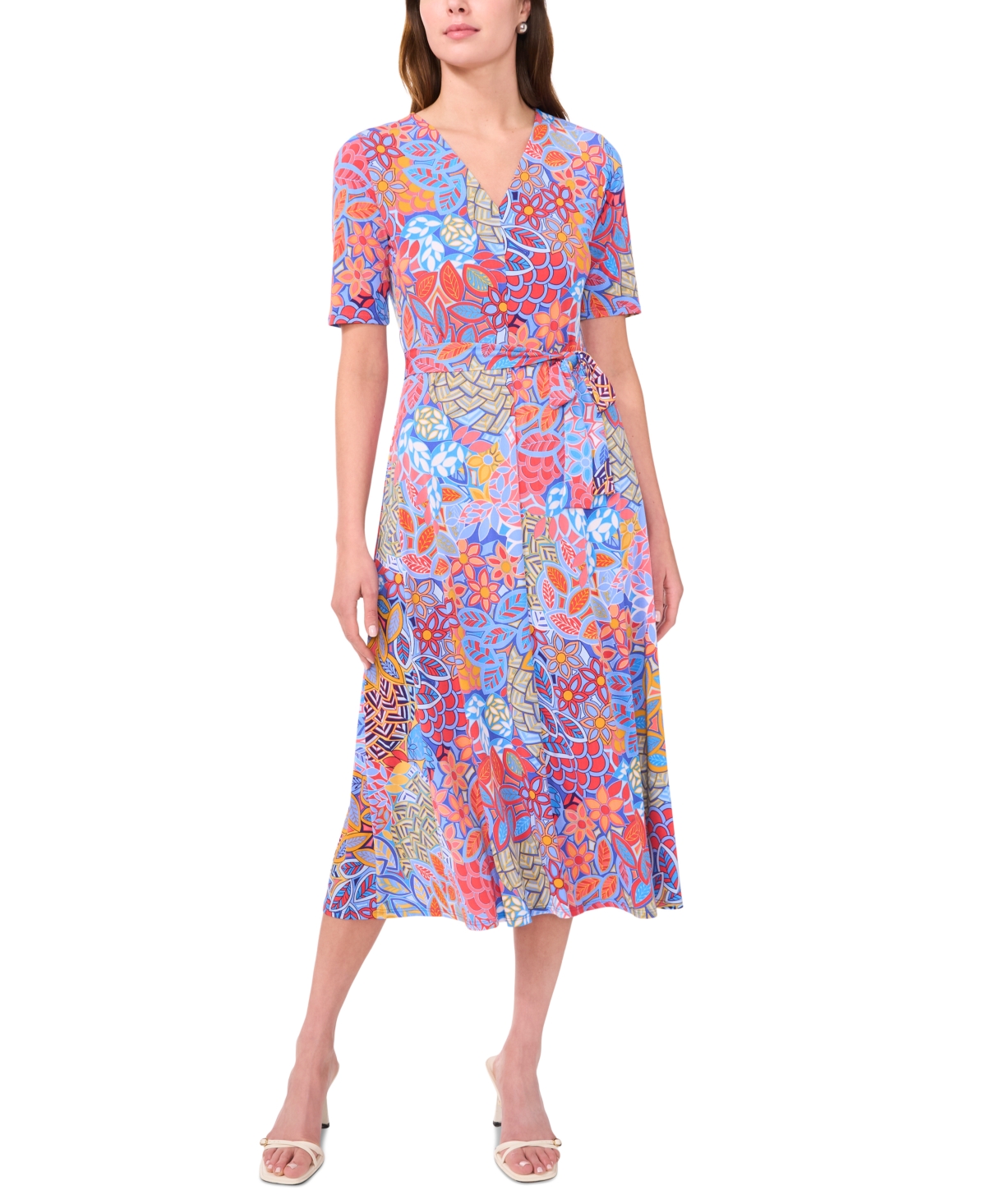 Women's Printed Belted Midi Dress - Coral Paradise