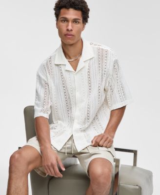 Men's Relaxed-Fit Textured Crochet Button-Down Camp Shirt, Exclusively at Macy's 