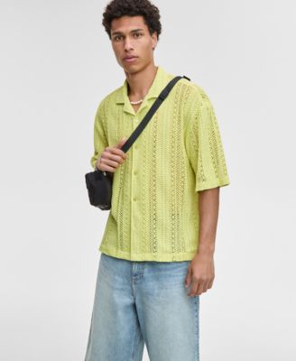 Mode of One - Men's Relaxed-Fit Textured Crochet Button-Down Camp Shirt