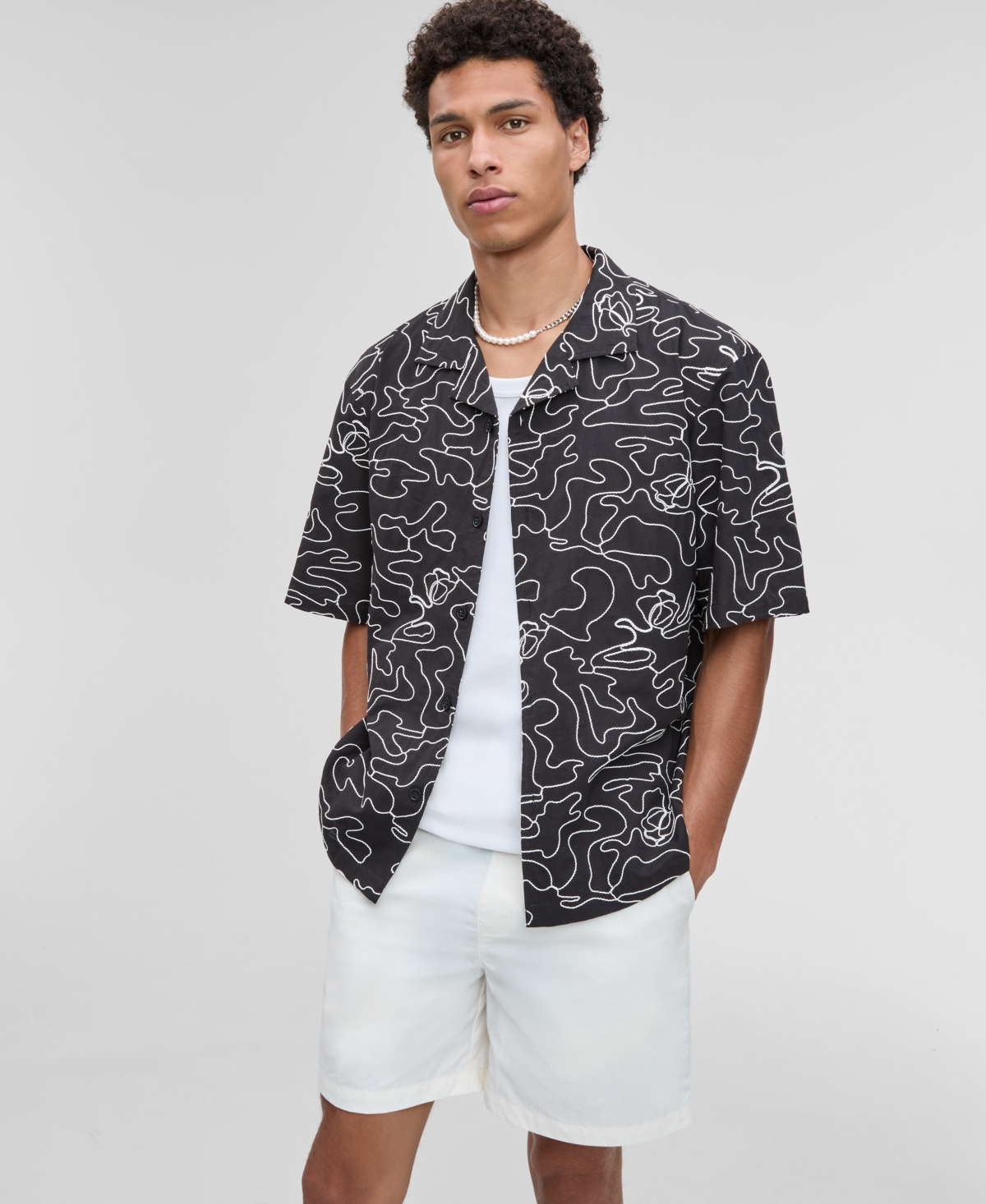 Men's Relaxed-Fit Embroidered Button-Down Poplin Camp Shirt, Exclusively at Macy's - Deep Black