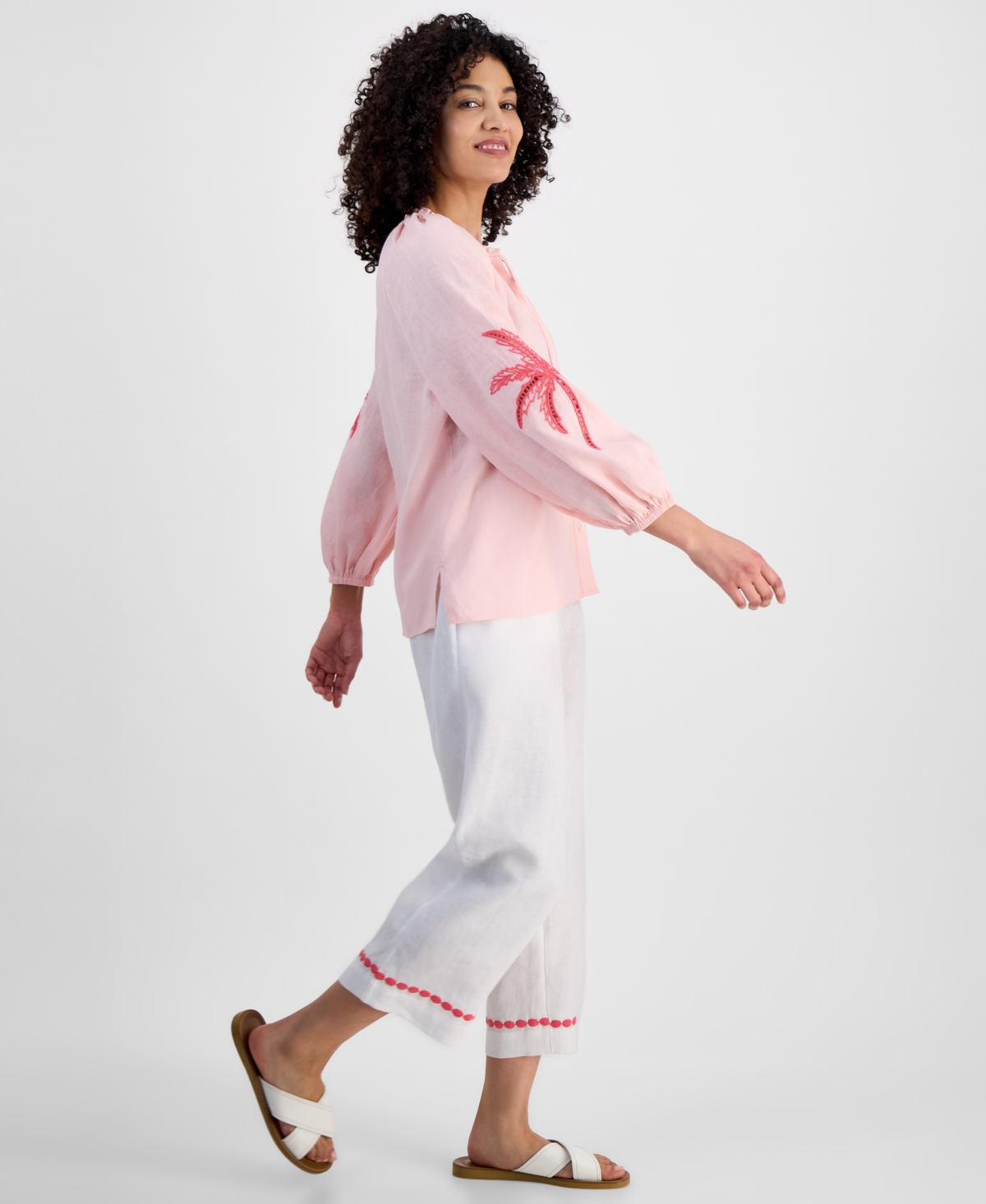 CHARTER CLUB PETITE 100% LINEN TIE-NECK EMBROIDERED-SLEEVE TOP, EXCLUSIVELY AT MACY'S 