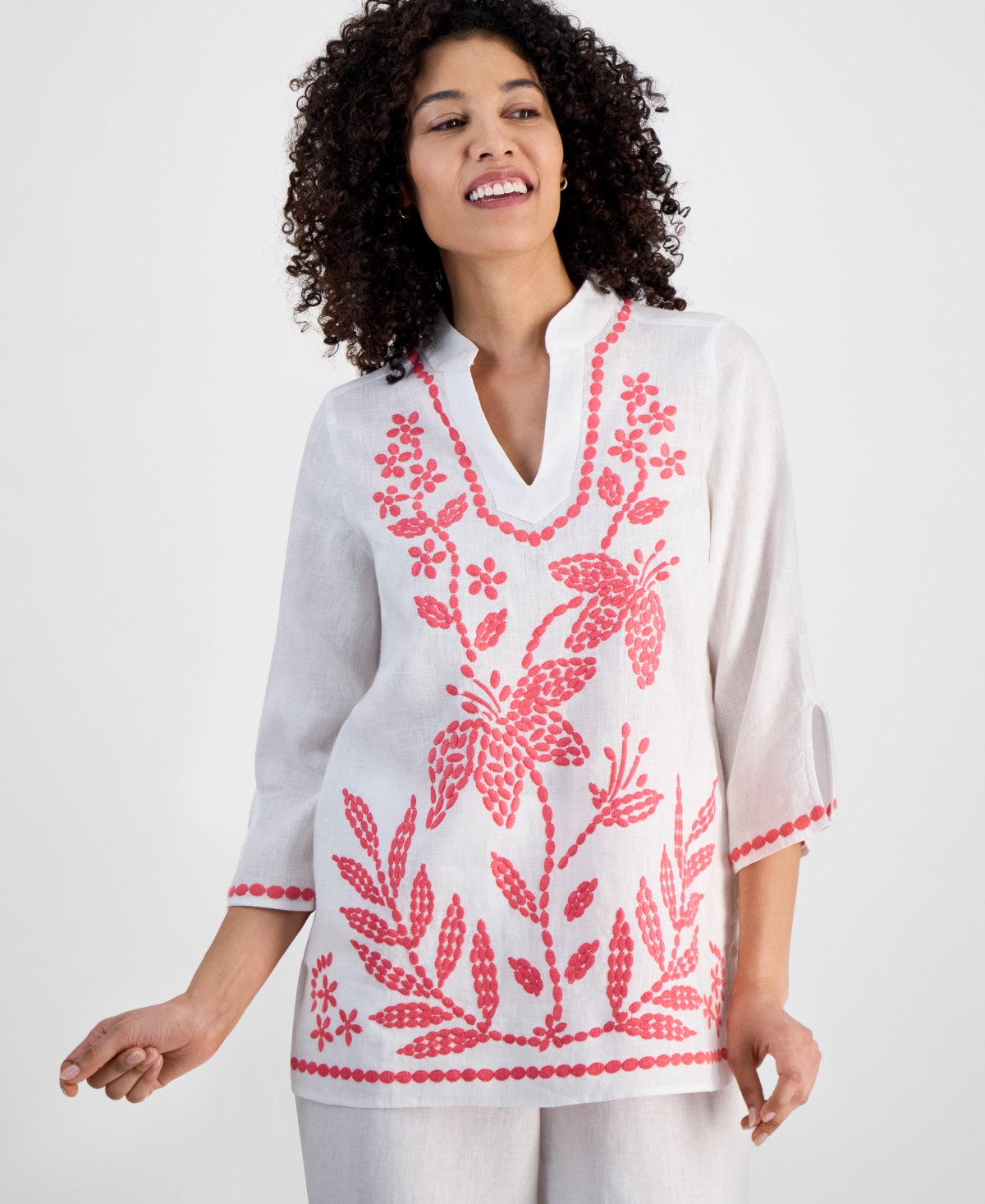 CHARTER CLUB PETITE 100% LINEN EMBROIDERED TUNIC, EXCLUSIVELY AT MACY'S 