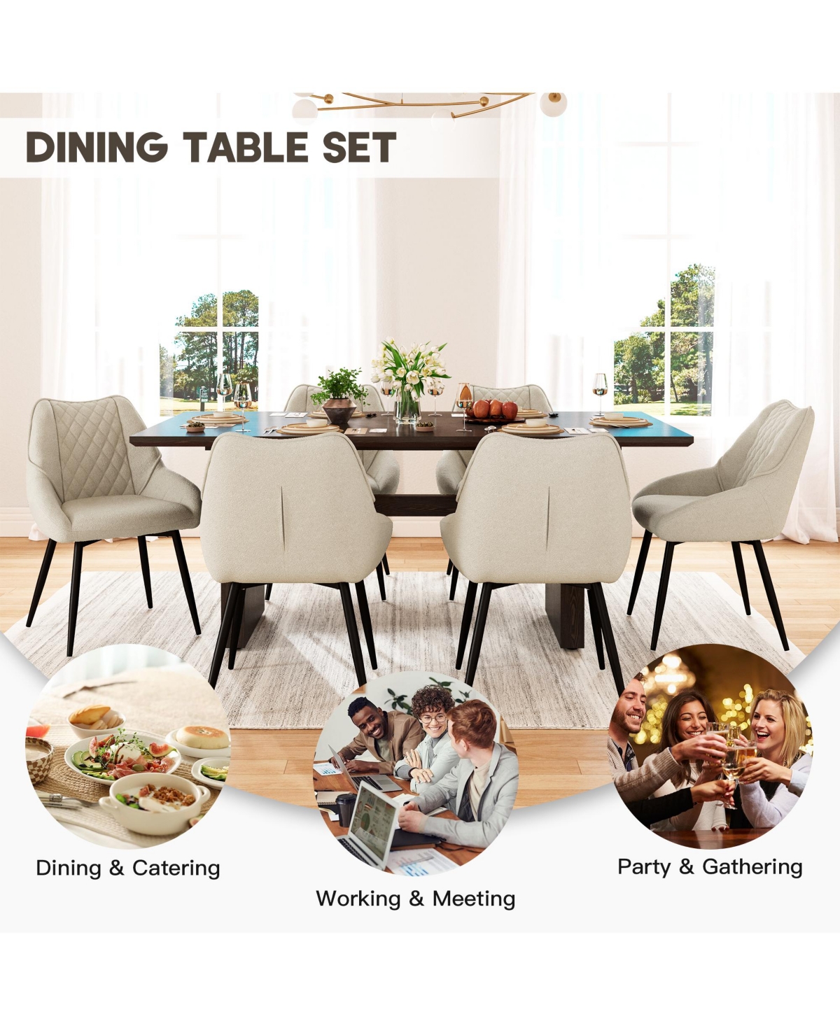 Wood Dining Table Fabric Diamond Soft Chair/Side Chair With Metal Legs Set (6-Person And Chair), Mdf