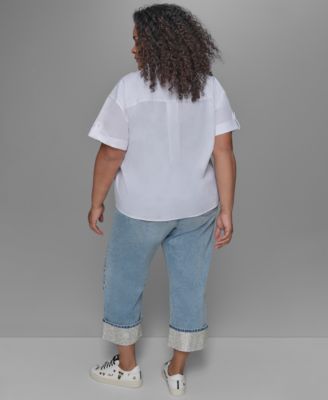 Karl Lagerfeld Plus Size City Scene Poplin Short Sleeve Shirt Crystal Cuffed Jeans In White