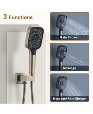12" Rain Shower System with Body Jets, Wall-Mounted, Handheld, 3-Function Faucet Shower System