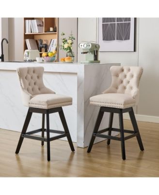2-Piece Counter Stool Set, Velvet Upholstery with Tufted Back, Nailhead Trim and Wooden Legs, Swivel Bar Stools