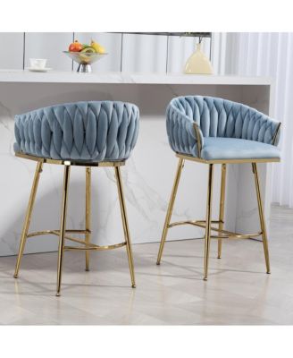 Set of 2 Counter Stools – 26" Velvet Upholstered with Hand-Wave Back, Metal Legs & Footrest