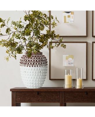 Vintage White and Brown Beaded 12-Inch Tall Urn Vase