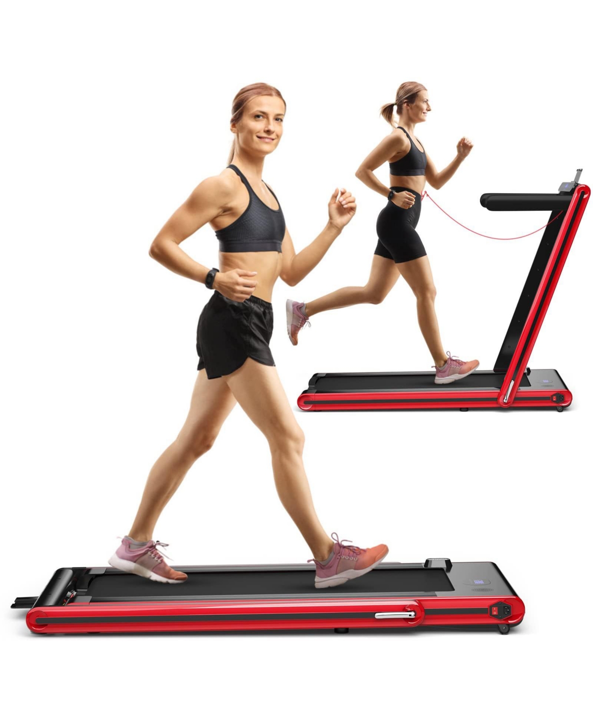 2-in-1 Folding Walking Pad Treadmill with Dual Led Display - Red