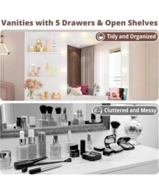 Vanity Desk with Mirror and Lights, Small Makeup Vanity Table with 5 Drawers