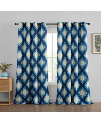 Liam Ogee Ikatt Damask Patterned Window Grommet Curtains Bedroom - Light Blocking Darkening Window Panels, Set of 2 (Navy Blue, 52 W x 84 L)